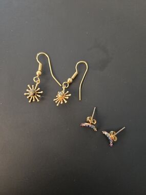 Gold Sunburst Drop Earrings with Rainbow Accent Studs Set